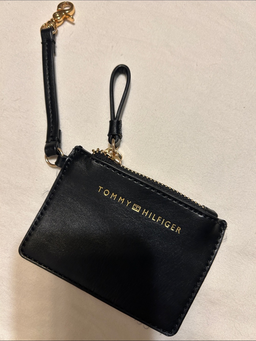 Tommy Hilfiger Black Leather Wristlet Card Pouch with Gold Hardware